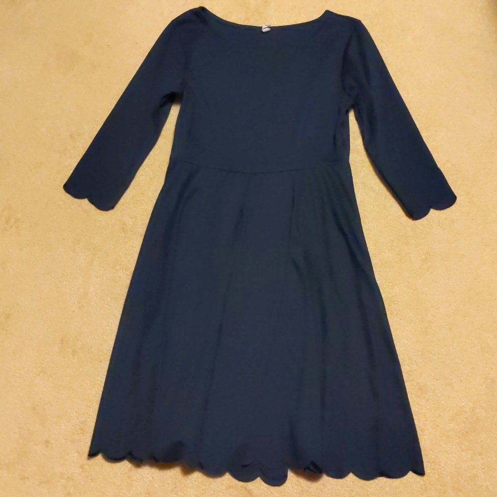 PinkBlush Navy Three Quarter Length Sleeve Midi Scallop Dress